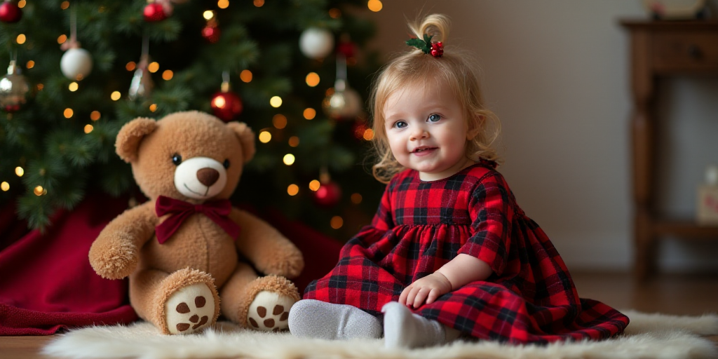 a little girl sitting on a floor next to a christmas tree and a teddy bear wearing a red plaid dress