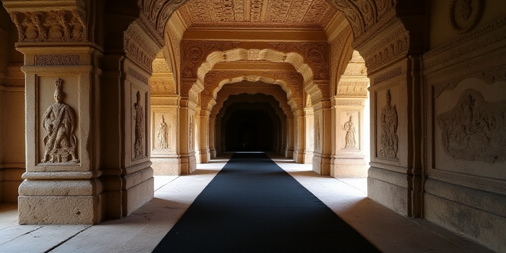 a long narrow hallway with carvings on the walls and ceiling in a temple in india, with a black clot