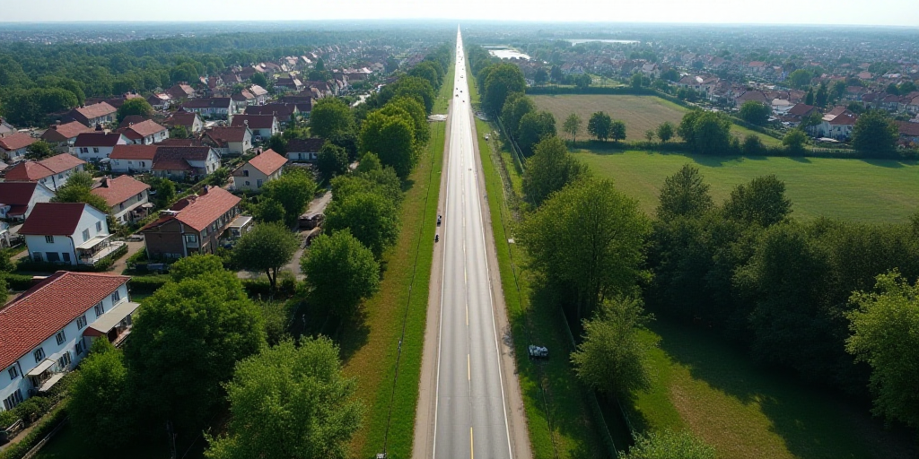 a long road in a small town with a lot of houses and trees on the side of it and a few buildings on