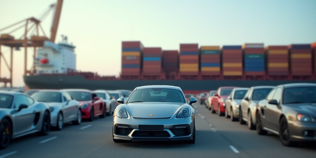 a lot of cars parked in front of a large container ship with a crane in the background and a cargo s