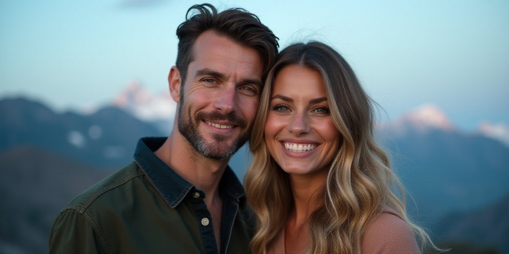 a man and a woman are smiling for a picture together in front of a mountain backdrop with a blue sky