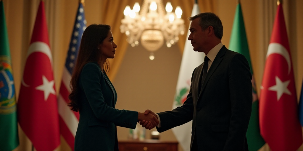 a man and a woman shaking hands in front of flags in a room with a chandelier and a chandelier, Carl
