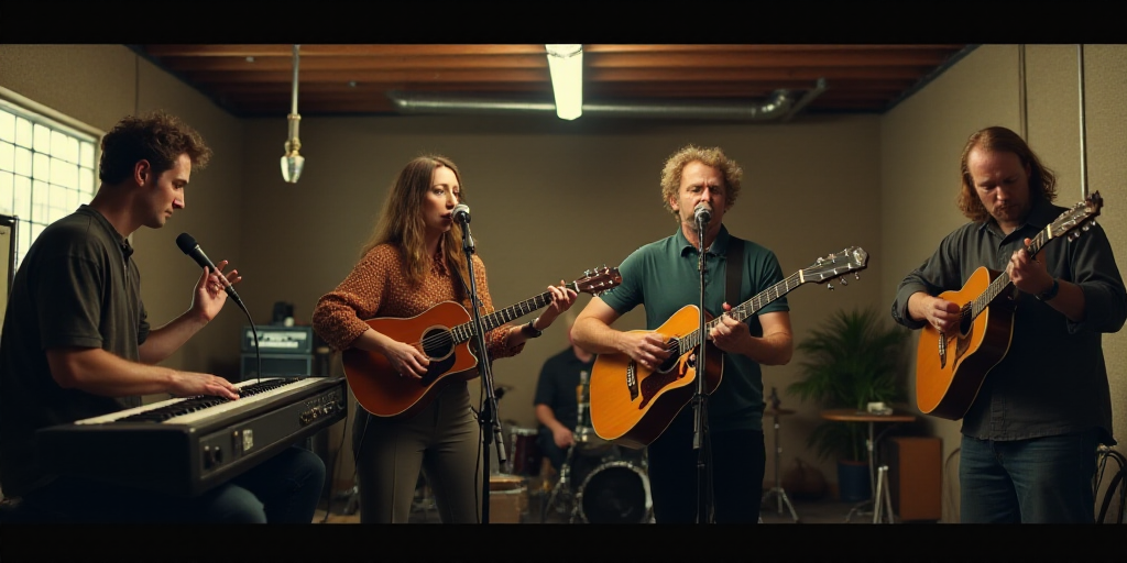 a man and a woman singing in a garage with a guitar and keyboard in front of them and a man playing