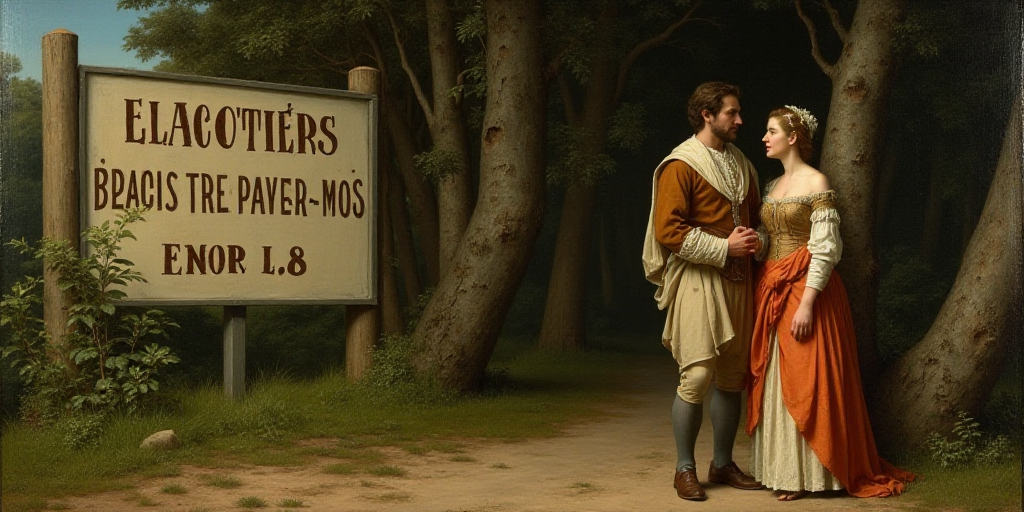 a man and a woman standing next to each other talking to each other in front of a sign with trees in