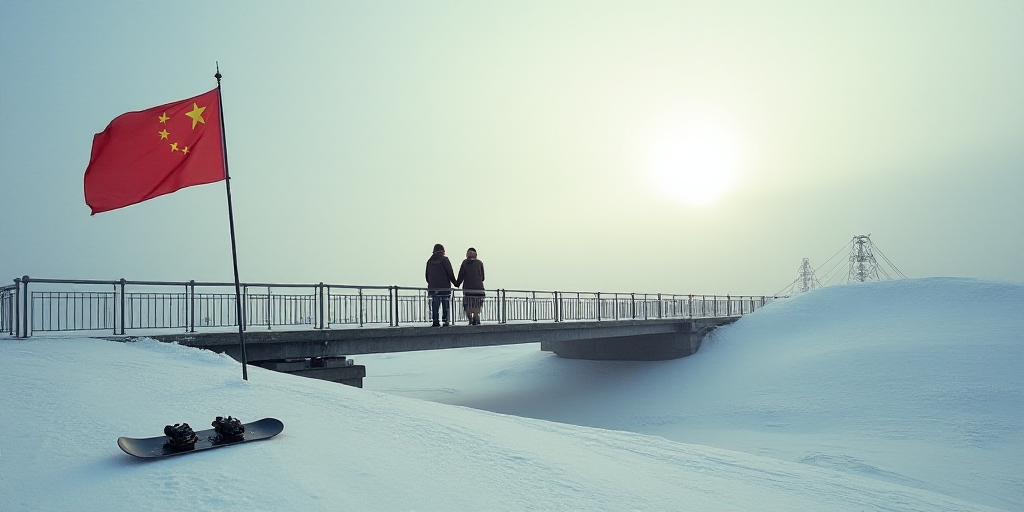 a man and a woman walking across a bridge with a snowboard on the ground and a flag on the ground, A