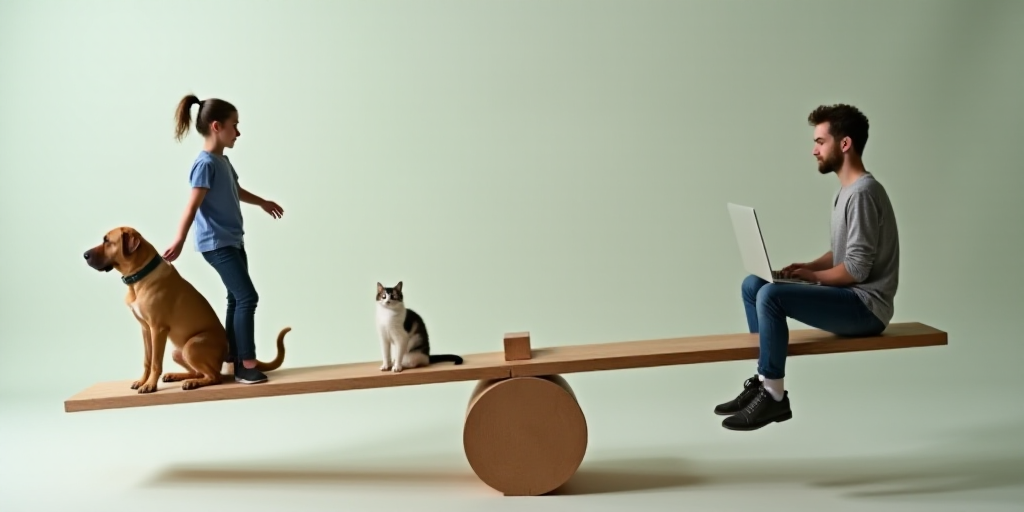 a man and woman are balancing on a seesaw with a dog and cat on it, and a man is on the scale with a