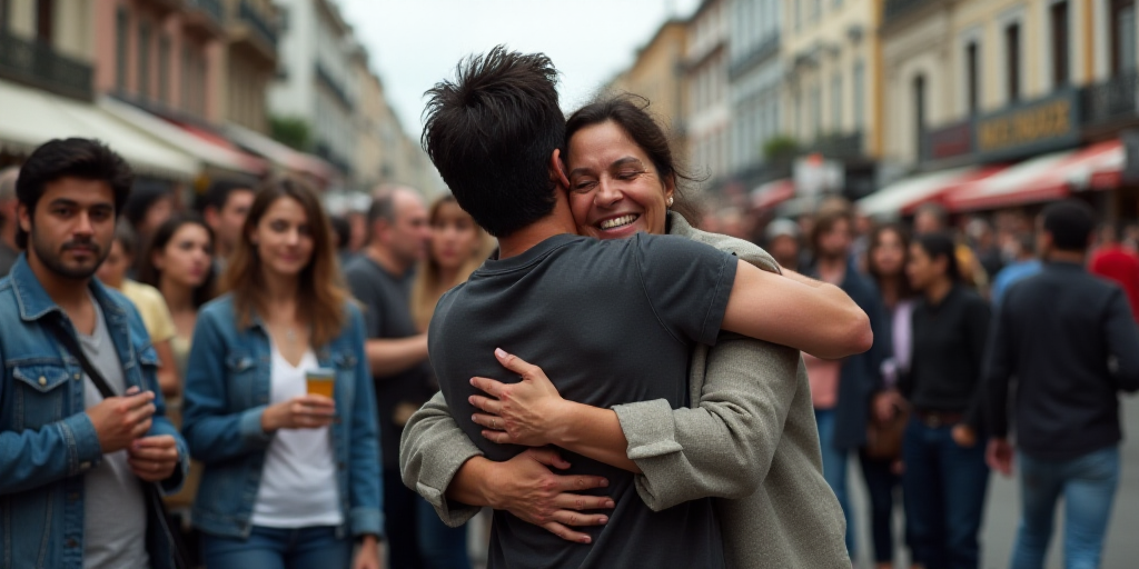 a man and woman hug each other in front of a crowd of people on a street corner, with one woman cove