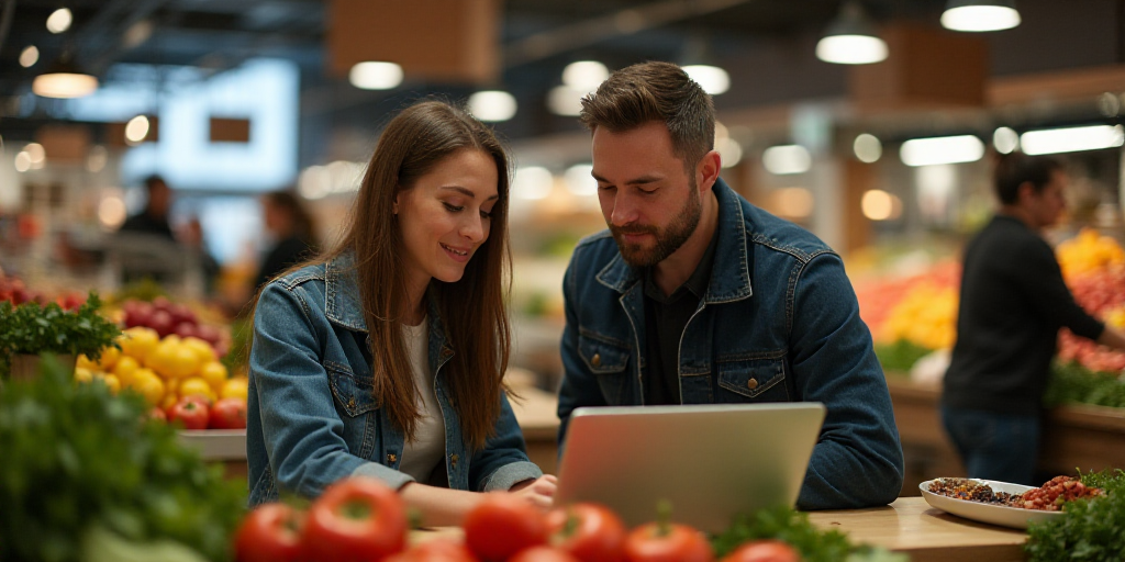 a man and woman looking at a laptop computer in a market area with a woman standing behind them and