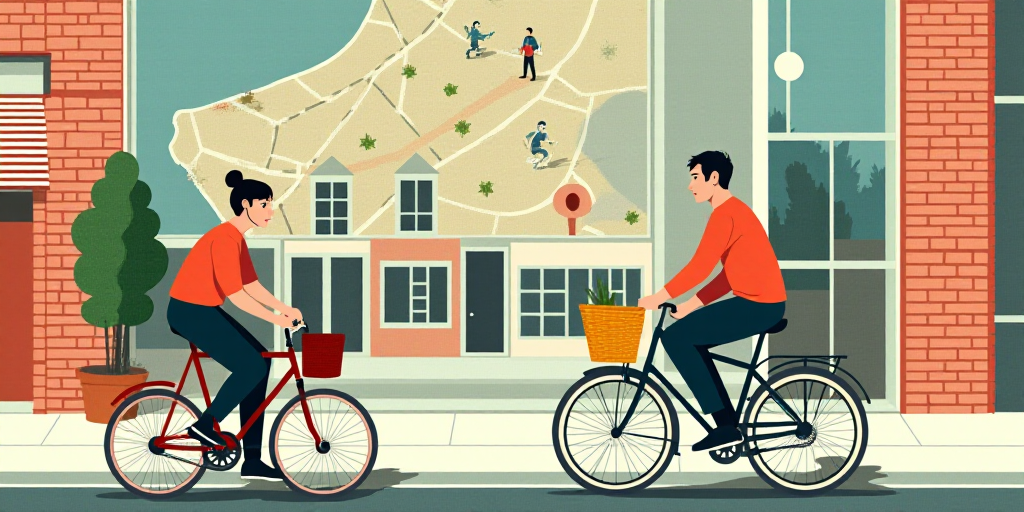a man and woman riding bikes on a city street with a map of the streets and a picture of a man on a