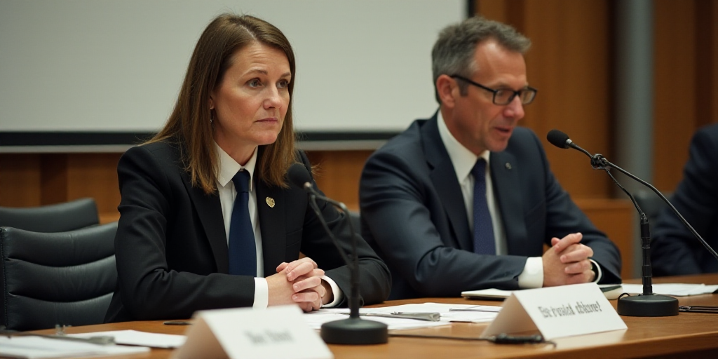 a man and woman sitting at a table with papers in front of them and a microphone in front of them, D
