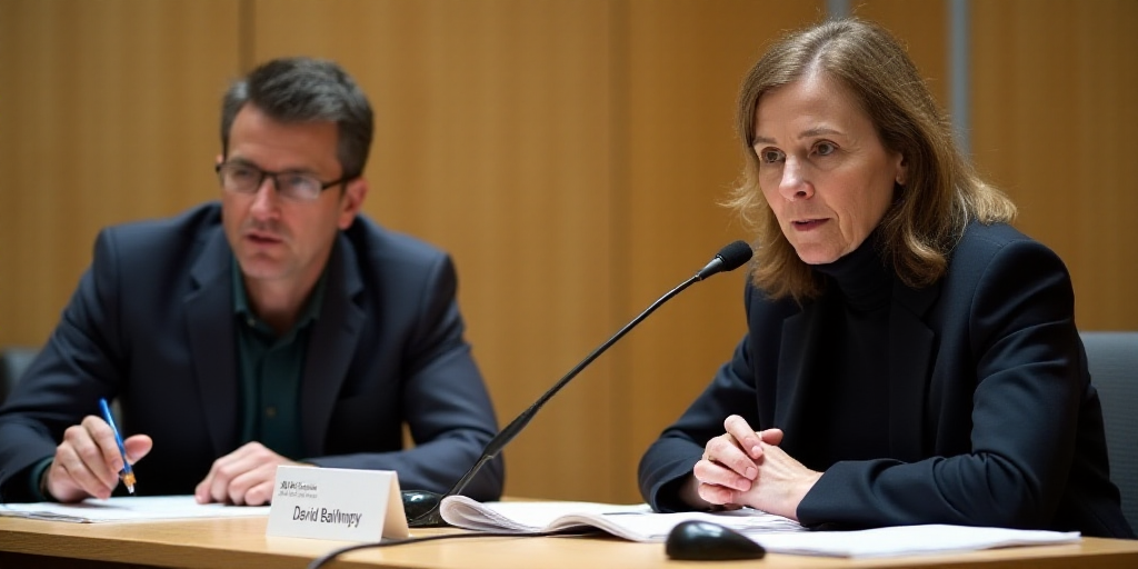 a man and woman sitting at a table with papers in front of them and a microphone in front of them, D