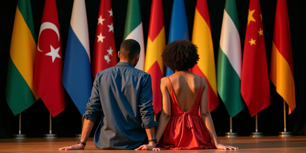 a man and woman sitting next to each other in front of flags of different colors and colors on a sta