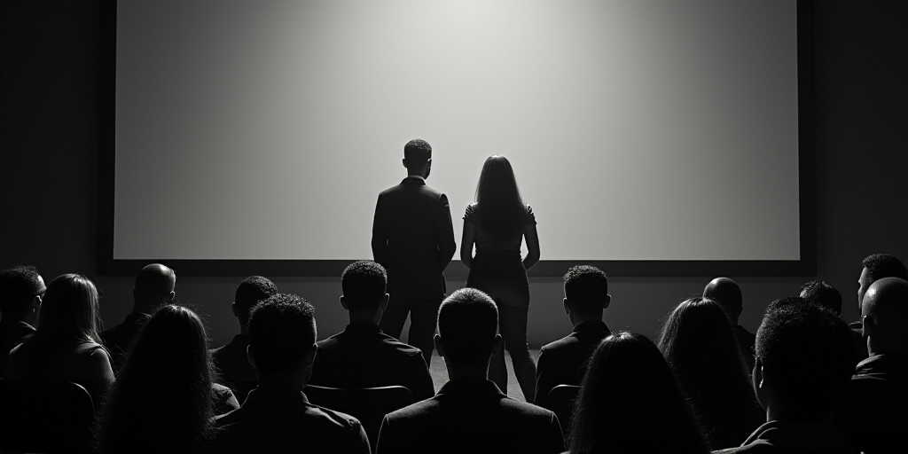 a man and woman standing at a podium in front of a crowd of people in front of a screen, Ángel Bote