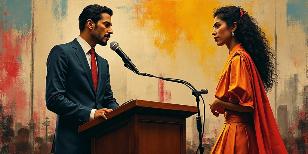 a man and woman standing at a podium with a microphone in front of them and a sign behind them, Davi