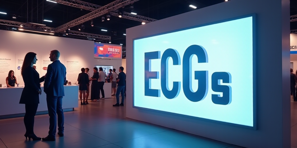 a man and woman standing in front of a sign at a trade show, talking to each other,, Doug Ohlson, an