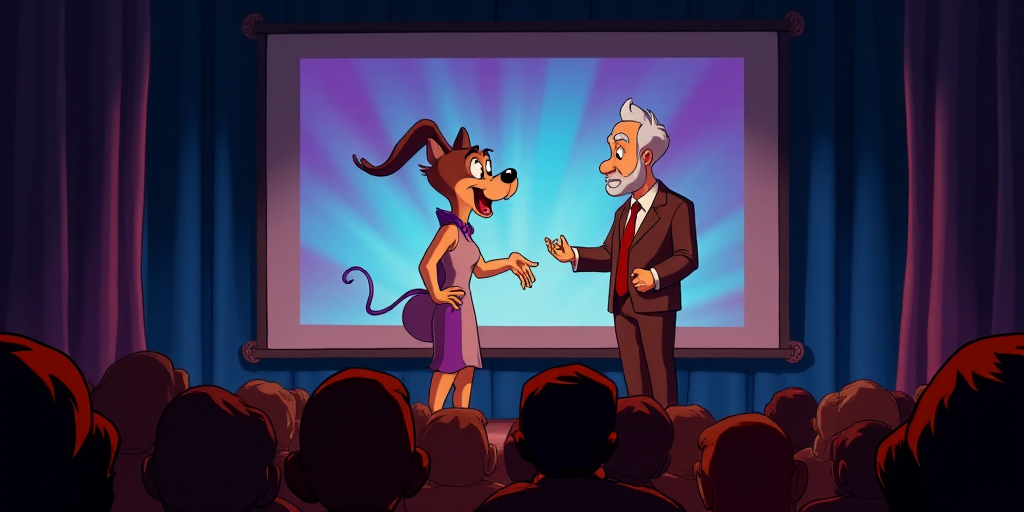 a man and woman standing on stage in front of a crowd of people at a convention or event with a scre