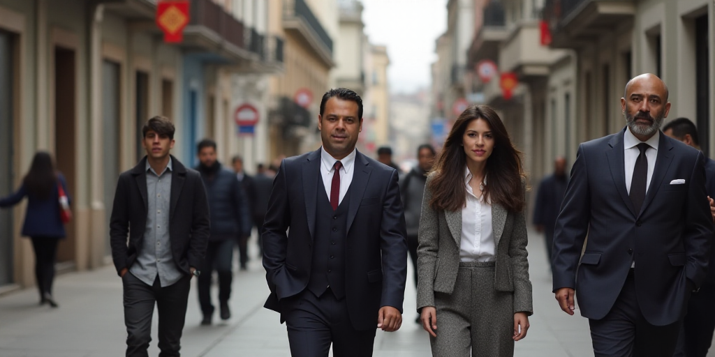 a man and woman walking down a street with other people behind them and a man in a suit and tie, Car