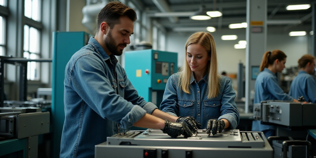 a man and woman working on a machine together in a factory with a sign on the wall that says,, Cefer