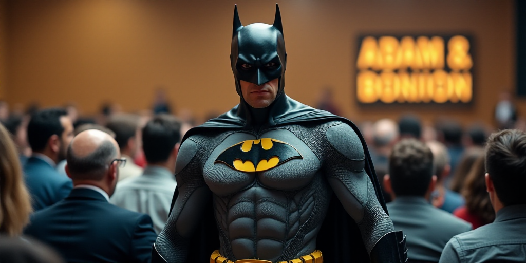 a man dressed as batman standing in a room full of people with a sign in the background that says,,