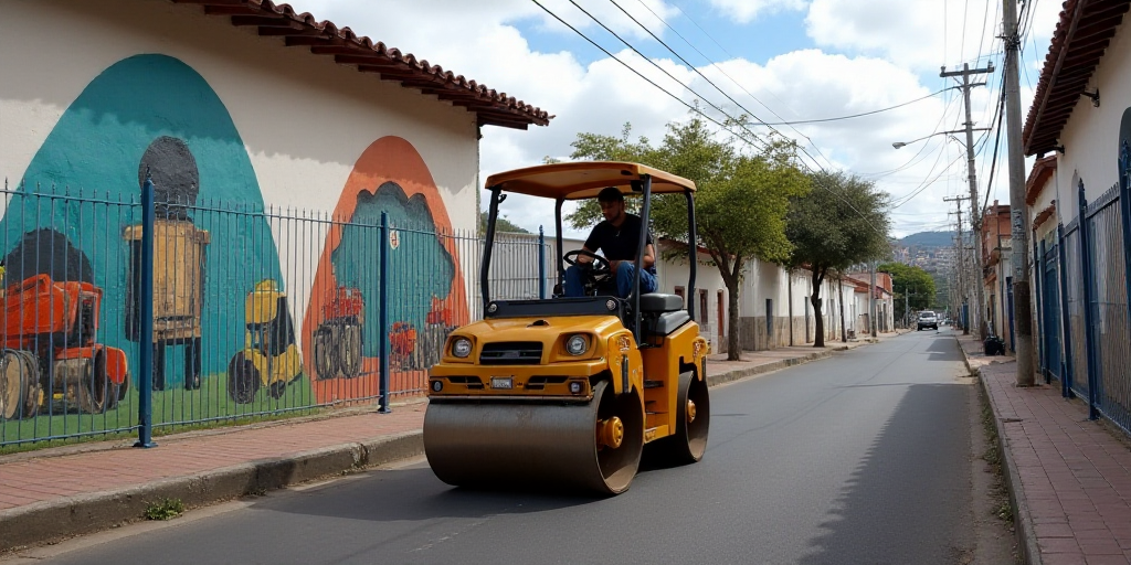 a man driving a small road roller down a street next to a building and a fenced in area, Ceferí Oli