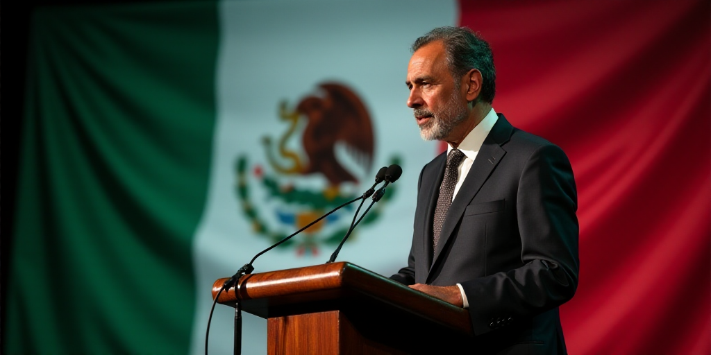 a man giving a speech at a podium with a microphone in front of him and a mexican flag behind him, C