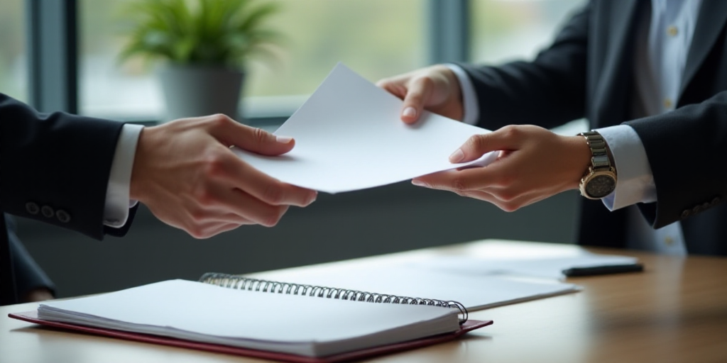 a man handing another man a piece of paper at a desk with a binder and folder on it, Dahlov Ipcar, s