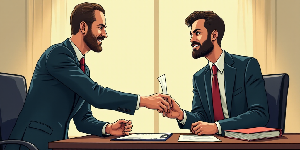 a man handing another man a piece of paper at a desk with a binder and clipboard on it, Cedric Seaut