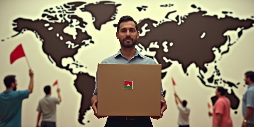 a man holding a box with a flag on it and a map of the world behind him with people holding flags, E