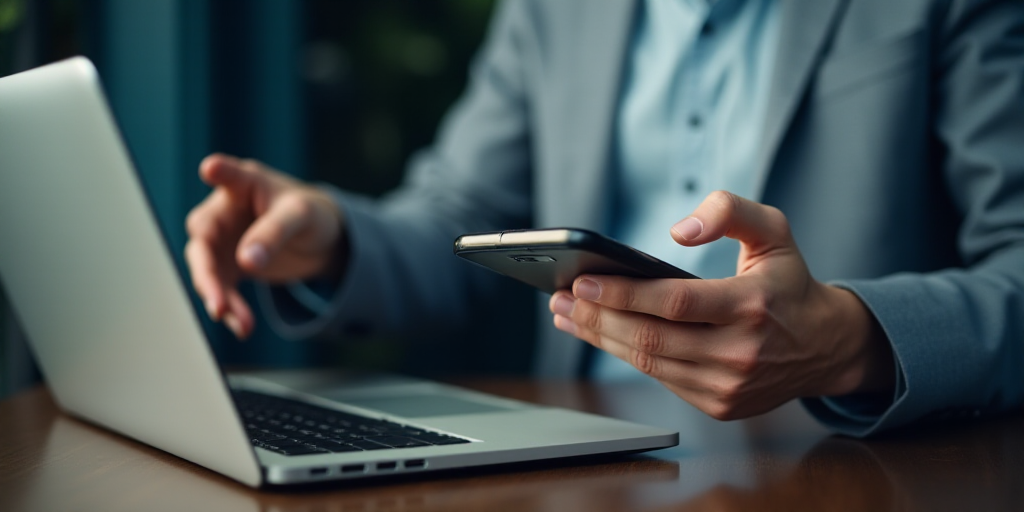a man holding a cell phone next to a laptop computer and a hand holding a phone in front of him, Avg