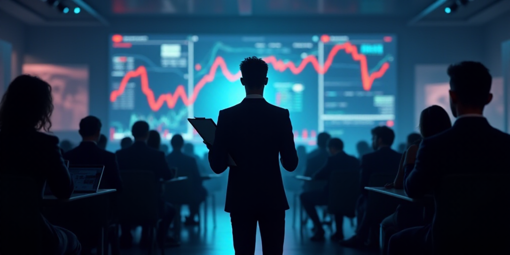 a man holding a clipboard in a room full of people and a large screen with a stock market on it, And