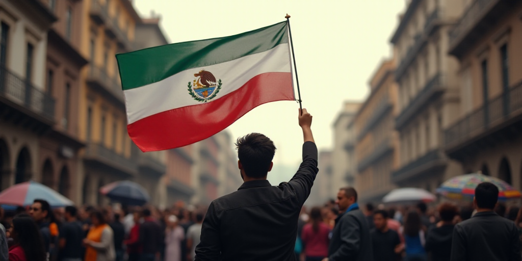 a man holding a flag in a crowd of people in a city street with buildings in the background and a cr