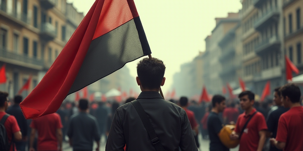 a man holding a flag in a crowd of people in a city street with buildings in the background and a cr