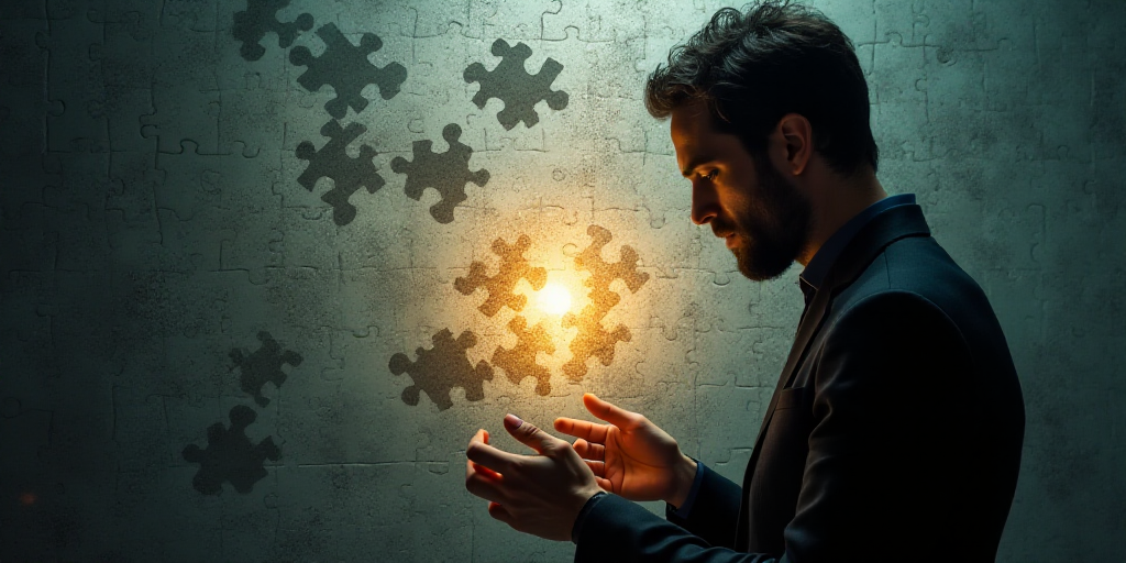 a man holding a piece of a puzzle in his hands while looking at it with a bright light shining on hi