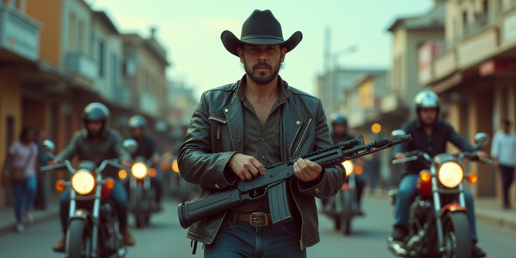 a man holding a rifle in front of a group of people on motorcycles on a street with other people, Es