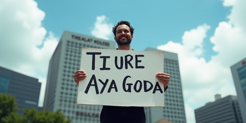 a man holding a sign in front of a building with a sky background and a blue sky in the background,