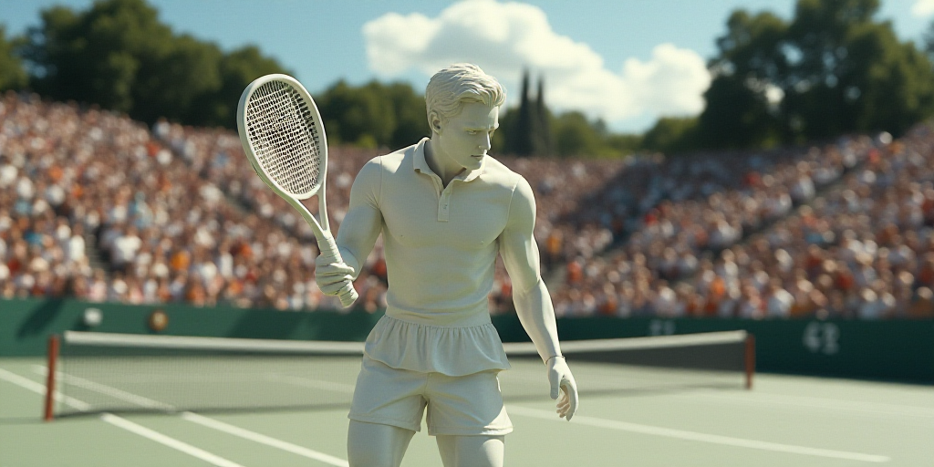 a man holding a tennis racquet on top of a tennis court with a crowd watching him from the stands, E