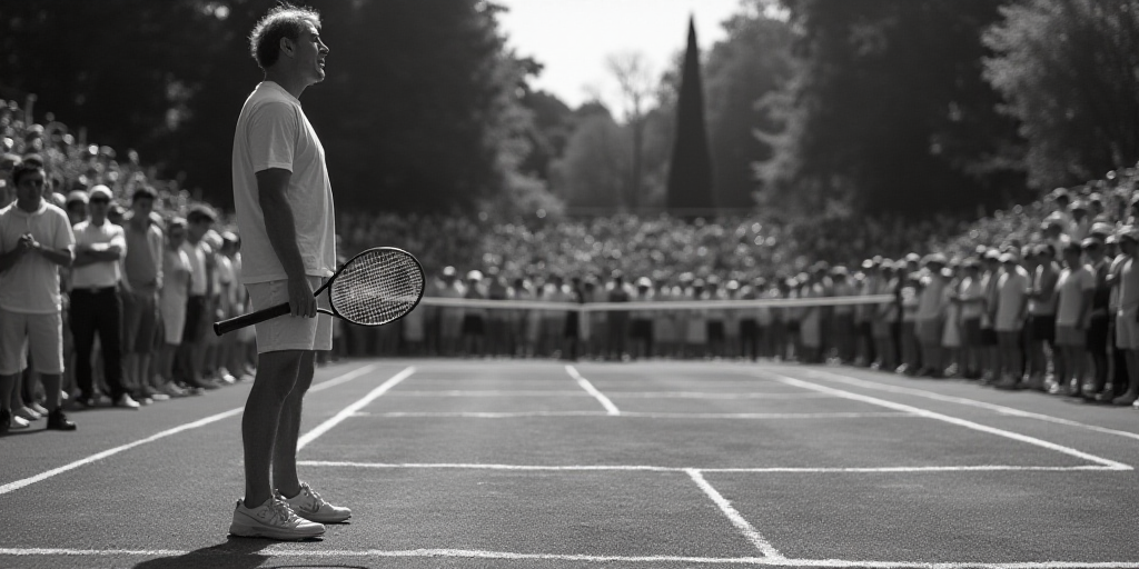 a man holding a tennis racquet in his hand and a crowd in the background watching him from the sidel