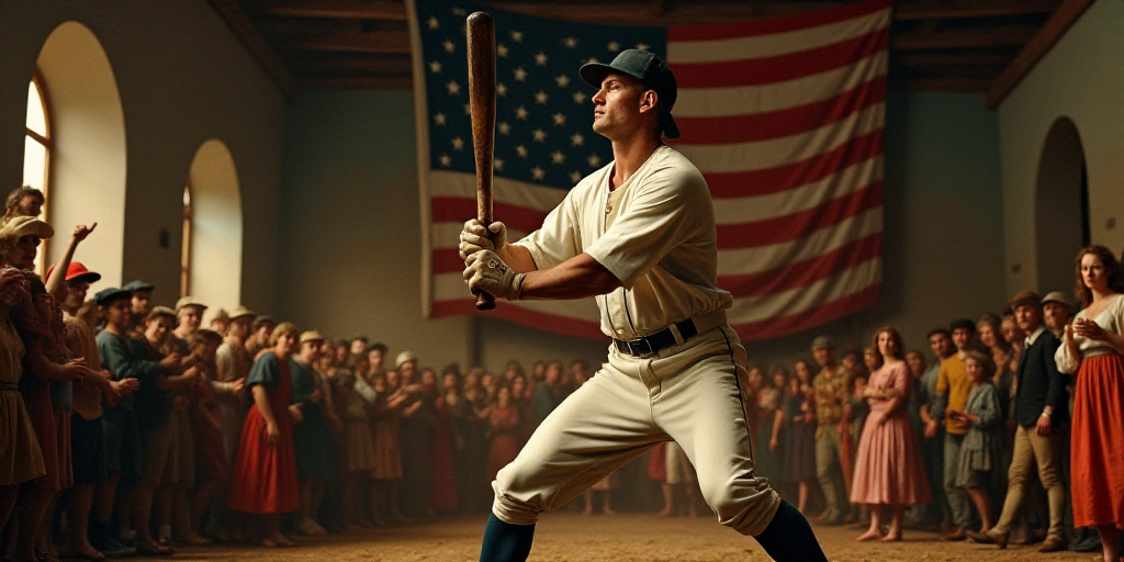 a man in a baseball uniform swinging a bat in a room full of people and a large american flag, ESAO,