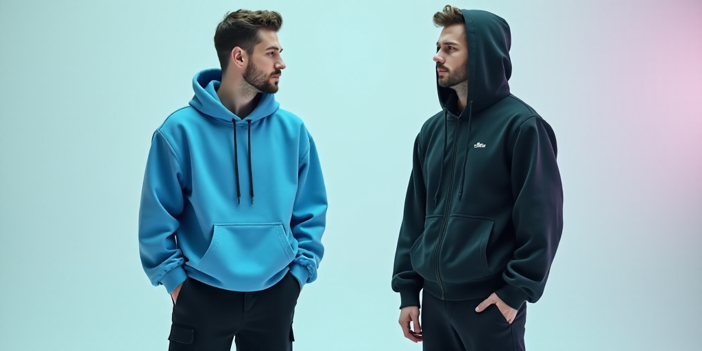 a man in a blue hoodie and a man in black pants and a black jacket with a hoodie on, Ei-Q, tech wear