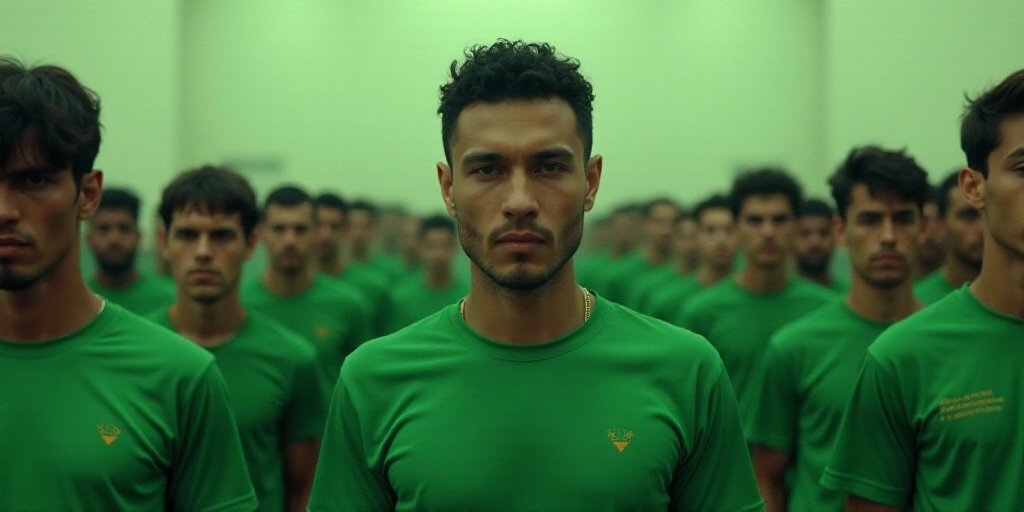 a man in a green shirt and a man in a black shirt and some men in green shirts and one man in a blac