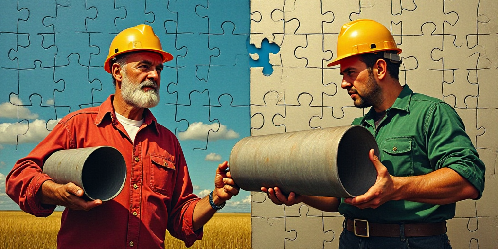 a man in a hard hat and red shirt holding a large pipe in his hand and a man in a green shirt and a