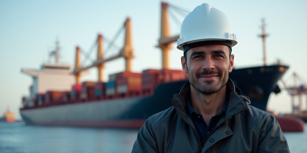 a man in a hard hat standing in front of a large ship with flags flying in the background of a harbo