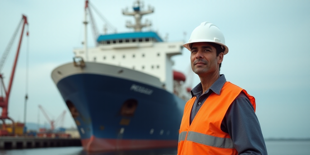 a man in a hard hat standing in front of a large ship with flags flying in the background of a harbo