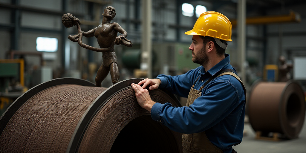 a man in a hard hat working on a large coil of wires in a factory with a machine in the background,