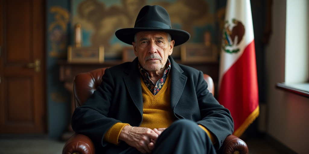 a man in a hat sitting in a chair with a flag behind him and a flag behind him with a coat on, Estua