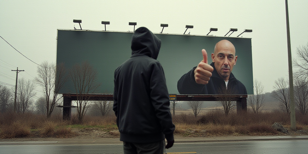 a man in a hooded jacket walks past a billboard with a picture of a man giving a thumbs up, Dong Kin