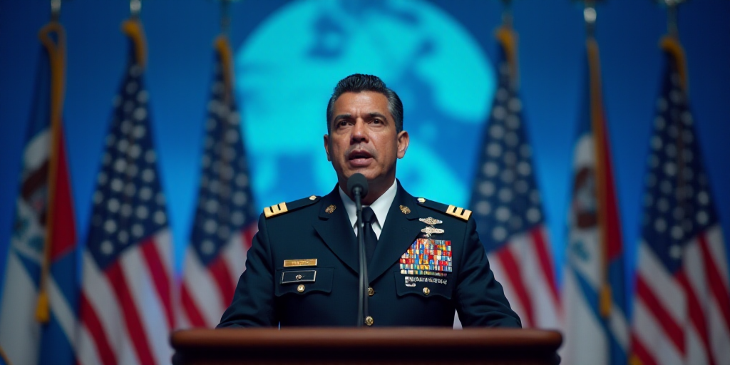 a man in a military uniform speaking into a microphone at a podium with flags in the background and