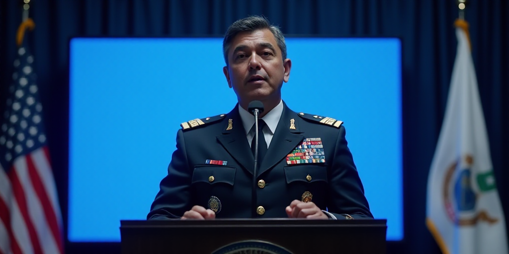 a man in a military uniform speaking into a microphone at a podium with flags in the background and