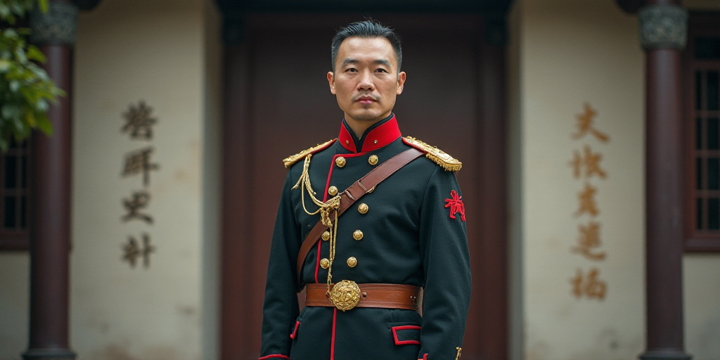a man in a military uniform standing in front of a wall with bars on it's sides and a building behin