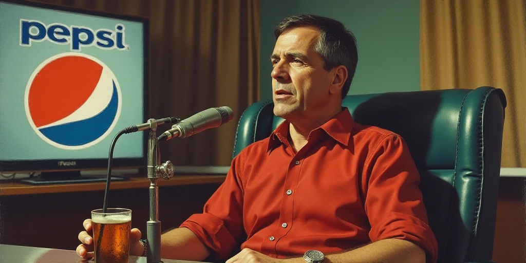 a man in a red shirt sitting in a chair with a microphone in front of him and a pepsi sign behind hi